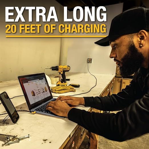 DEWALT Heavy Duty Extra Long USB C Cable (20 ft/6M), Fast 60W Type C Charging Cable, 90Degree Connector TypeC Charger Cord for Oculus Quest, PS5 Controller, Samsung Galaxy, Z Fold/Flip (Charge Only)
