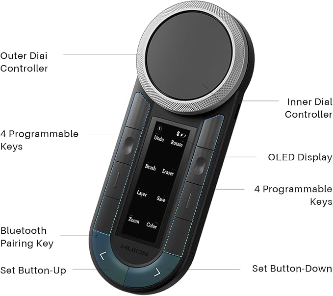 HUION Keydial Remote Bluetooth Programmable Keypad with Dual Dials 60 Customized Keys, OLED Display Macro Keypad Work with PC, Mac, Mobile, One-Hand Shortcut Keyboard for Drawing Tablet, Laptops
