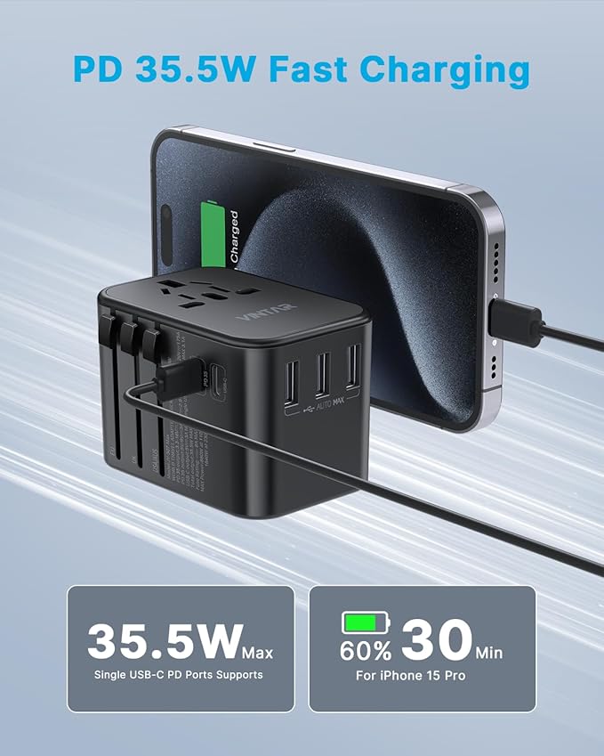 Universal Travel Adapter, VINTAR 35.5W International Power Adapter with 3 USB A QC and 2 USB C PD, All in One Plug Adapter Worldwide Travel Essentials for EU/UK/USA/AUS(Type C/G/A/I), Black