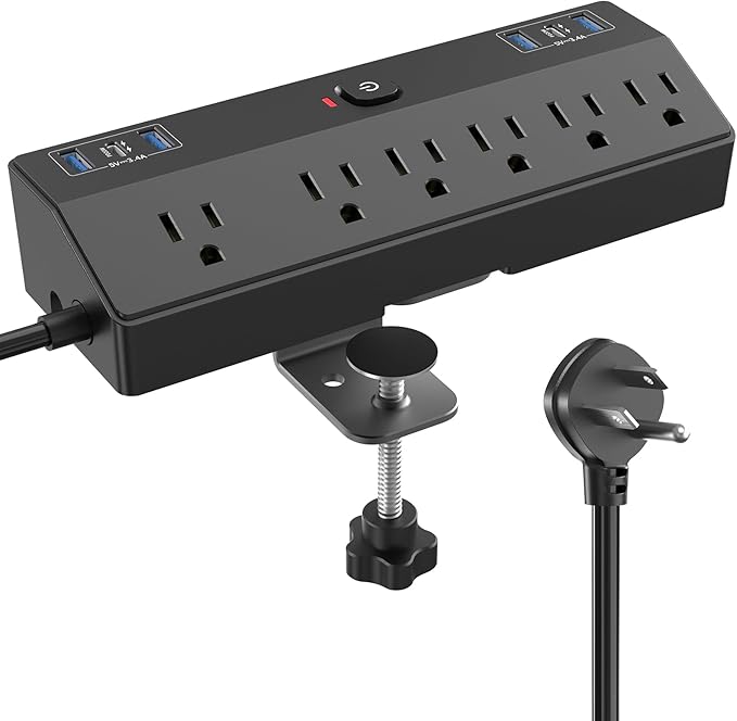 Desk Clamp Power Strip with 40W Fast Charging Station, JXGUCAT Removable Desk Clamp Mount Power Strip Surge Protector, 2 USB-C Ports, 6 AC Outlets and 10ft Cord, Fits 1.8" Tabletop Edge