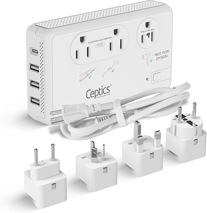 Ceptics Voltage Converter for Travel, 220V to 110V Converter w/Type C, E/F, G, I Plugs, 2000W Outlet for Hair Dryers, 4 USB w/ 1 USB-C PD 18W Fast Charge, for Curling Iron, Straightener, Chargers