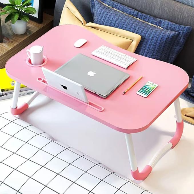 Laptop Desk Foldable Bed Table, Portable Lap Desk Laptop Bed Tray Table with Storage Drawer and Cup Holder, Lap TraysTables Notebook Stand Reading Desks Breakfast Tray for Beds Couch Sofa Floor – Pink