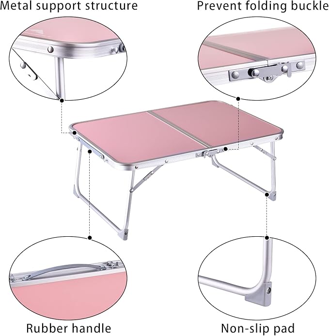 Foldable Laptop and Bed Table with Storage, Portable Mini Lap Desk for Legs, Ideal for Study, Reading, Picnic, Breakfast,and More (Pink)