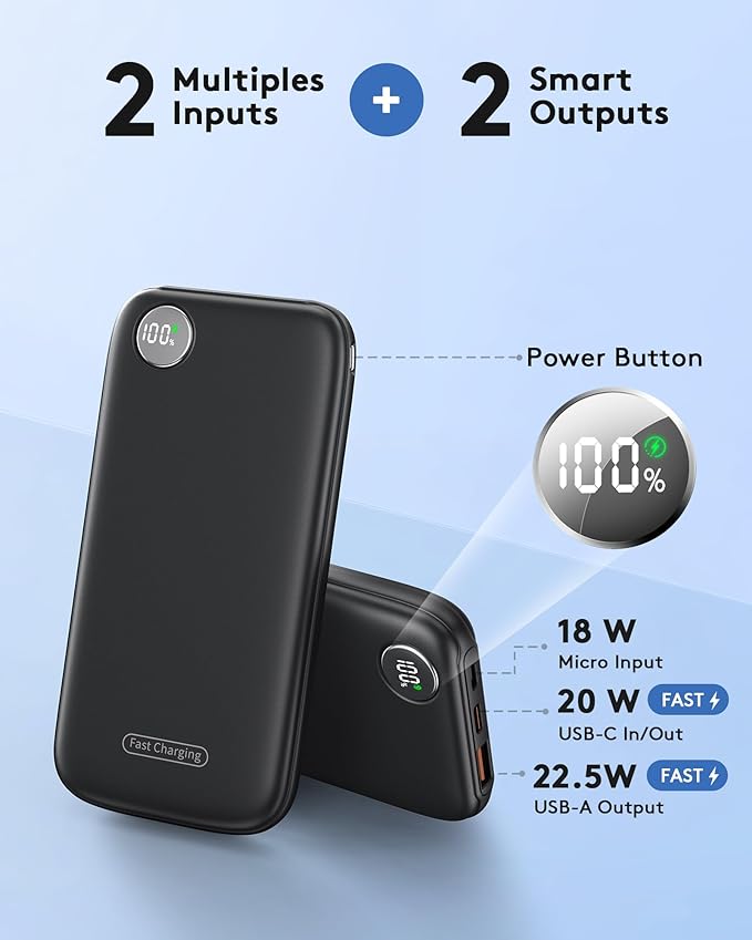 Powerbank Fast Charging Max 12V/4.5A, Ultra Slim Portable Charger USB C 10000mah, Travel Power Bank for iPhone 11 12 13 14 15 16 Samsung Android, DC Lightweight Battery Pack Phone Charger, Deep Black