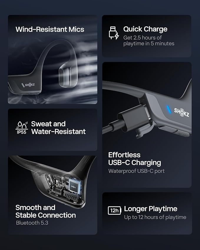 SHOKZ New OpenRun Pro 2- Bone Conduction Headphones, Open-Ear Bluetooth Wireless Sport Earphones for Running, Workouts - Sweat Resistant, Secure Comfortable Fit -Deep Bass, Smart Mic, Reflective Strip