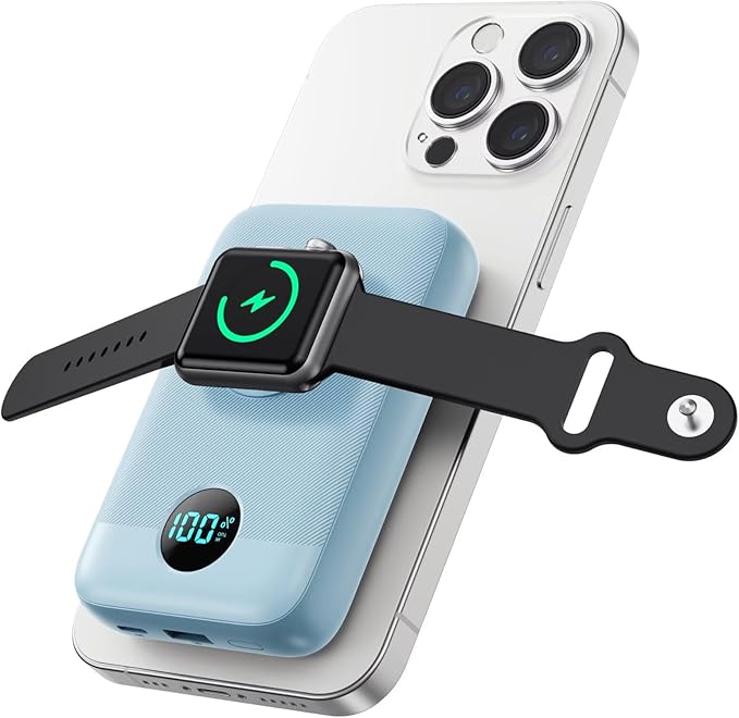 Magnetic Portable Charger for iPhone, 10800mAh 4-in-1 Wireless Power Bank with iWatch Charger, 25W PD Fast Charging Battery Pack for Magsafe, iPhone 16/15/14/13/12 Series, Apple Watch (Sky Blue)