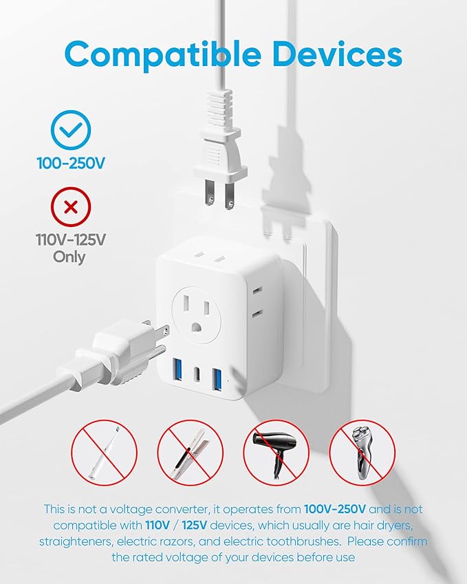 2 Pack Foldable European Travel Plug Adapter, kakyanill 7-in-1 European Plug Adapter with 4 Outlets 3 USB Charging Ports, Type C Plug from US to Most of Europe Spain Italy Germany France