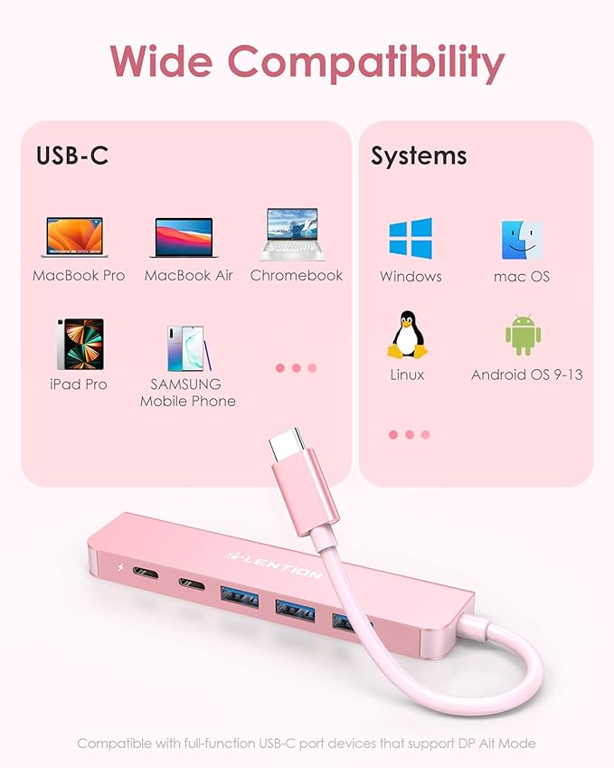 LENTION USB C Hub, Multiport with 4K HDMI Port, 3xUSB-A Ports, USB-C Data Port, 100W PD Port, Compatible New MacBook Pro/Air, iPhone 15 Pro/Pro Max, Surface, Chromebook, More(CE35s, Rose Gold)