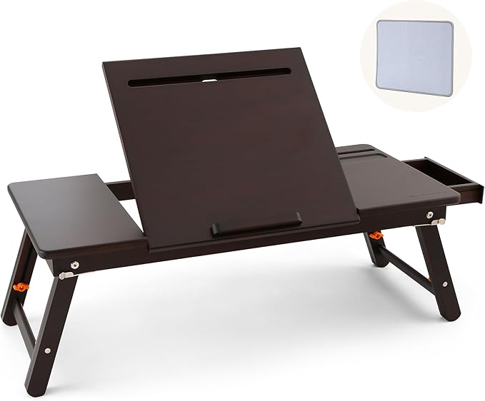 Nnewvante Laptop Bed Desk Bamboo Lap Table with Tablet Slot Height & Angle Adjustable Computer Lap Desk with Drawer Breakfast Serving Tray for Bed Floor, Black Walnut
