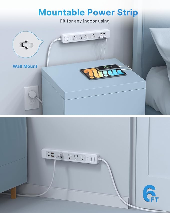 VINTAR 2 Prong Power Strip, 2 Prong to 3 Prong Outlet Adapter, 6ft Extension Cord with 4 Outlets & 4 USB(2 USB-C), 1440J Flat Plug Two Prong Surge Protector, Wall Mountable Ideal for Old House