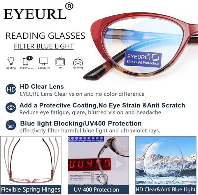 EYEURL Cat Eye Reading Glasses for Women - 2 Pack Blue Light Blocking Computer Readers 2.25 Spring Hinge Anti Glare/UV Ray Eyeglasses
