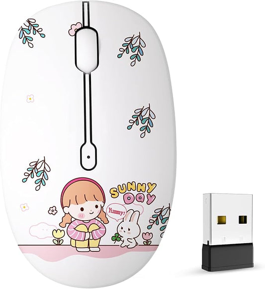 Cute Wireless Mouse Dual Mode with 2.4GHz USB Receiver and Bluetooth Connection for Laptop, iPad, Mac, AA Battery Silent Cartoon Cordless Mice for Kids and Students (Rabbit & Girl)