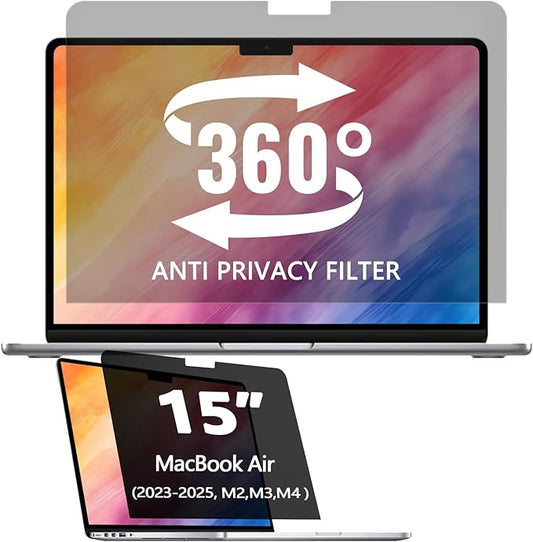 360° Privacy Screen Protector for MacBook Air 15 inch (2023-2025, M2, M3, M4), Privacy Screen Filter Compatible with MacBook Air 15.3 inch, Anti-Spy/Anti Fingerprint/Anti Blue Light/Anti Glare