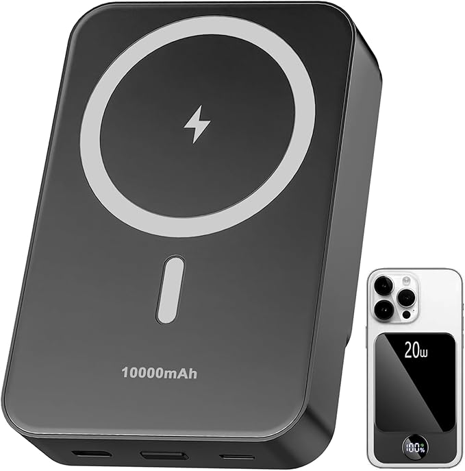 Magnetic Portable Charger, Power Bank 10000mAh with PD 20w Fast Charging, USB C in&Out Battery Pack, Compatible with Mag-Safe for iPhone 13/14/15/16/17 Pro/Pro Max Series, Samsung, Android, and More