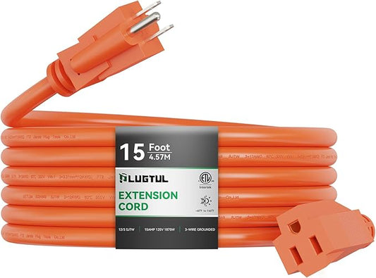 PLUGTUL 12/3 Outdoor Extension Cord 15 FT Waterproof, Heavy Duty 12 Gauge SJTW Extension Cord, 15A 1875W, ETL Listed, Great for Garden and Home, Orange