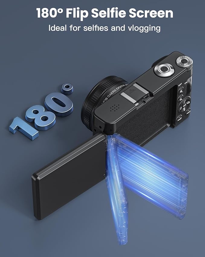 4K Digital Camera for Photography, WiFi 64MP 180° Flip Screen 3" Autofocus Vlogging Camera for YouTube, 16X Zoom Compact Point and Shoot Cameras for Beginner with 32GB Card, 2 Batteries