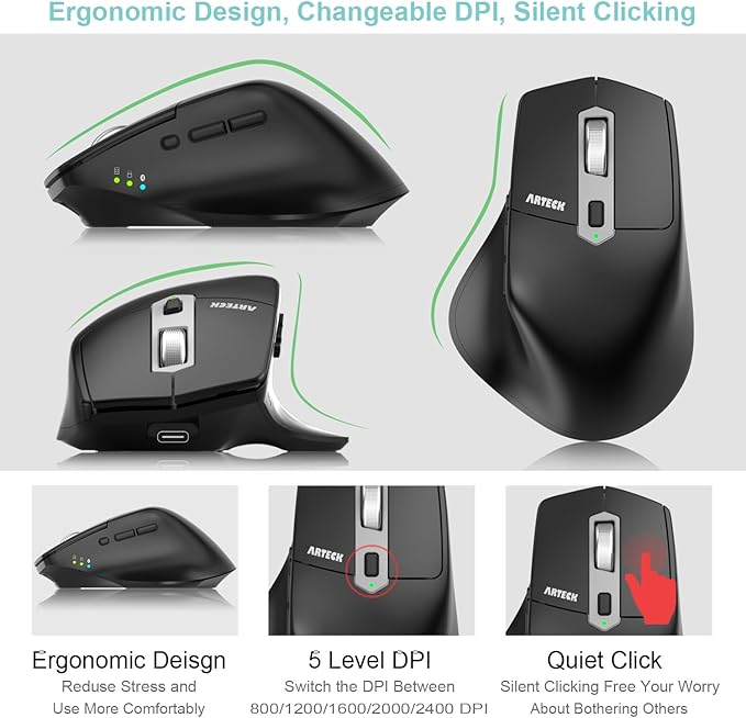 Arteck Multi-Device Wireless Bluetooth Mouse with Nano USB-A, USB-C Receiver Ergonomic Right Hand Silent Clicking Rechargeable Mouse for Computer Desktop PC Laptop Mac iPad and Windows 11/10 iPad OS