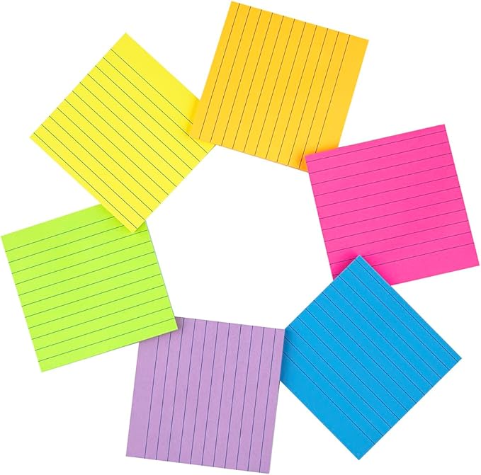 (6 Pads) Lined Sticky Notes 4x4 in, 6 Bright Colors Self-Stick Note Pads, Strong Adhesive, 47 Sheets/Pad