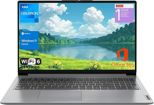 Lenovo IdeaPad 1 Home Laptop, 15.6" FHD Display, Intel Celeron Dual Core Processor, 20GB RAM, 128GB eMMC + 1TB PCIe SSD, 1 Yr Office 365, Wi-Fi 6, W11H, Additional 1 Yr ADP