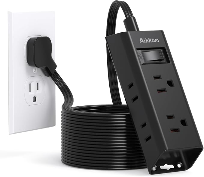 Flat Extension Cord 25 ft, Addtam Flat Plug Power Strip with 6 Outlets Extender, Long Extension Cord with Multiple Outlets, Wall Mount for Home Dorm Room Essentials, Black