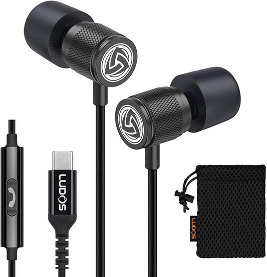 LUDOS Ultra USB C Headphones for iPhone 17 16 15 Pro Max Plus Air iPad Pro, 5 Years Warranty, Magnetic USB-C Earbuds for Samsung Galaxy S24 S23 Ultra S22 S21 FE S20 A55, USB Type C Earphones - Black