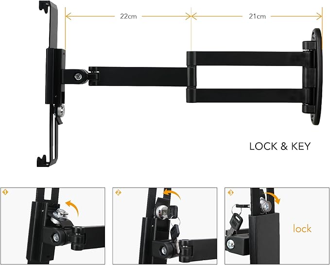 Tablet Wall Mount, Adjustable Arm Swivel, Anti-Theft Security Lock & Key, Foldable, 360 Rotating, Black