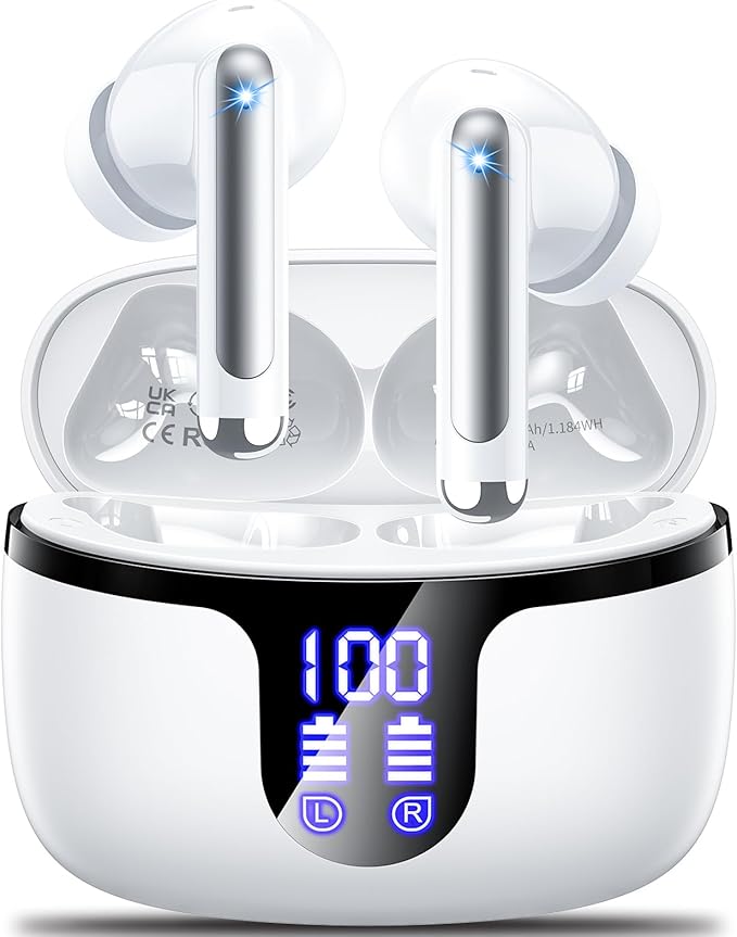 Wireless Earbuds Bluetooth Headphones Bluetooth 5.4 Ear Buds with 4 ENC Noise Canceling Mic Headsets, HiFi Stereo 42hrs Playback Earphones with LED Power Display for Sports/Workout/Running White