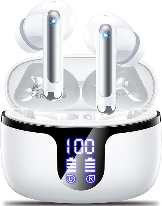 Wireless Earbuds Bluetooth Headphones Bluetooth 5.4 Ear Buds with 4 ENC Noise Canceling Mic Headsets, HiFi Stereo 42hrs Playback Earphones with LED Power Display for Sports/Workout/Running White