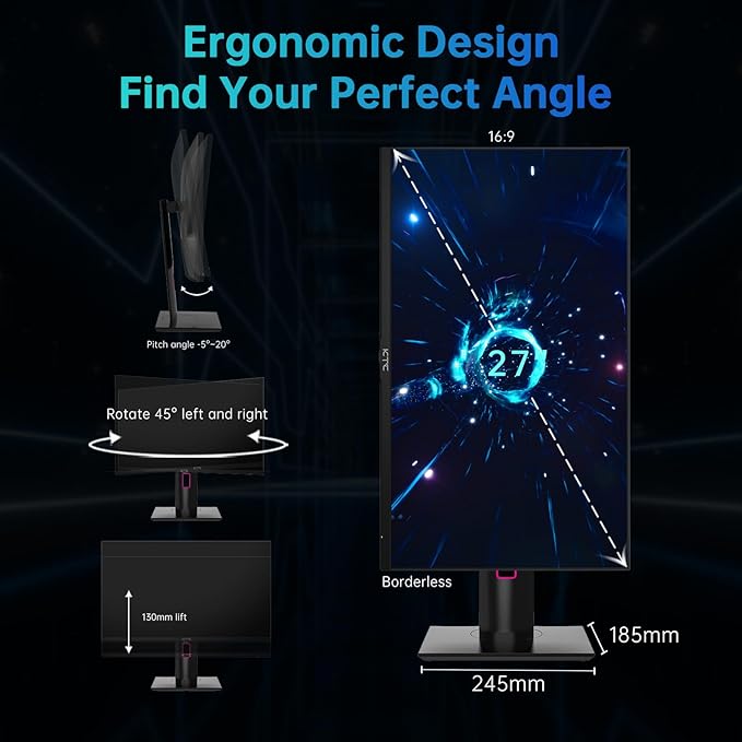 KTC 27'' 2K 170Hz Gaming Monitor - Fast IPS 1ms GTG Pc Monitor with FreeSync G-Sync, HDMI/DP/USB Ports, Height/Tilt/Swivel/Pivot Adjust, 131% sRGB and 97% DCI-P3 Color Gamut for Vertical Monitor