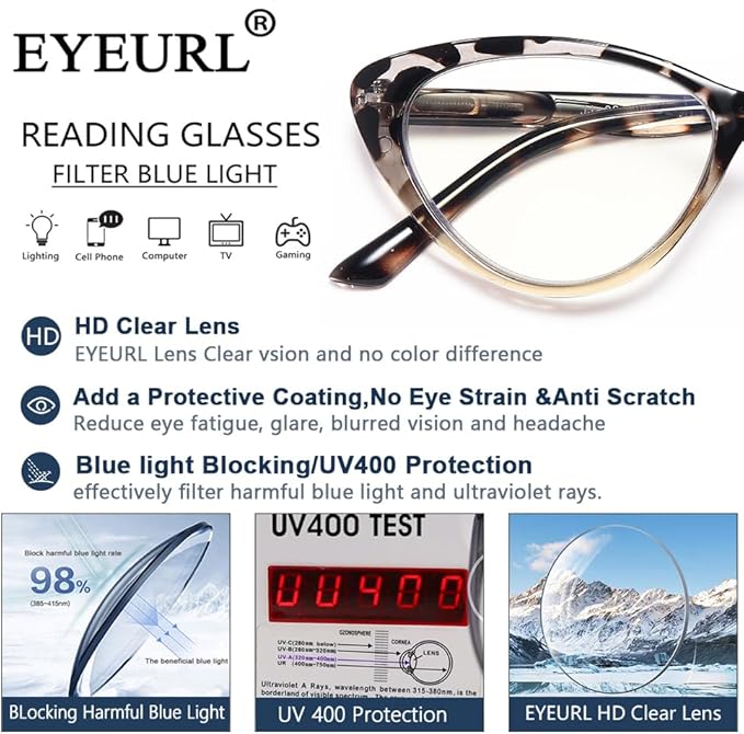 EYEURL Cat Eye Reading Glasses for Women 2 Pair Blue Light Blocking Readers 2.75 Comfort Spring Hinge Lightweight Eyeglasses Anti Glare for Ladies