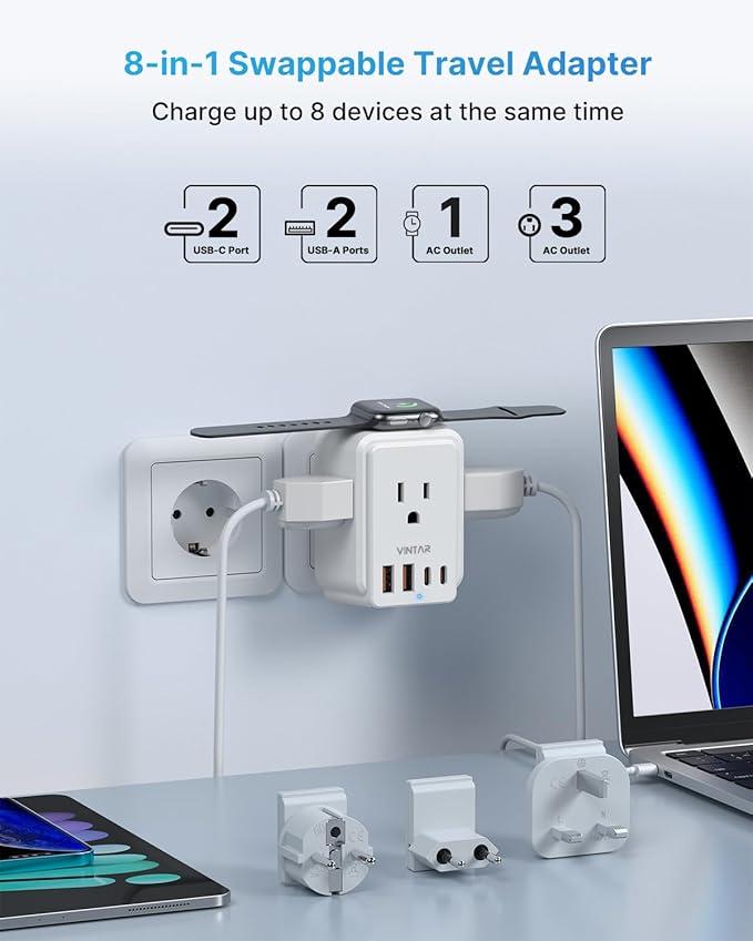 European Travel Plug Adapter for Apple Watch Charger, VINTAR International Power Adapter with 3 AC Outlets 4 USB Ports (2 USB C), Type C/G/E/F Detachable Plugs, US to Europe UK France Italy Spain