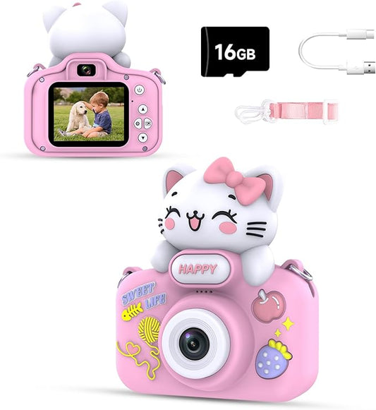 Kids Camera for Boys and Girls, 1080P Toddler Camera with 2" LCD Screen, 8X Digital Zoom, Cute Cat Silicon Case, Includes 16GB SD Card, Ideal Gift for Children Ages 3–12