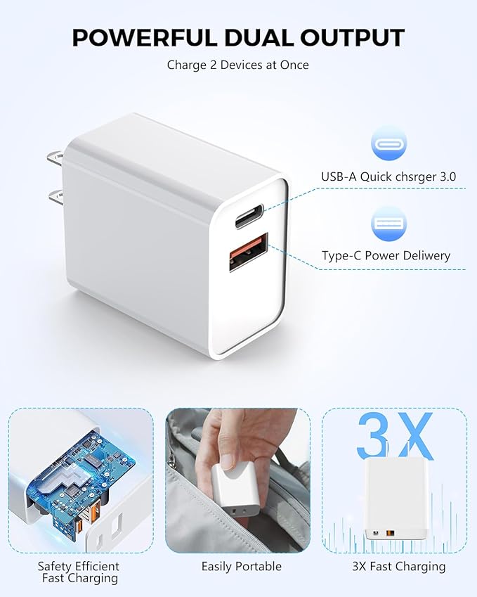 3 Pack iPhone 17 16e 15 Pro Charger Block, 20W iPhone C Charger Dual Port QC+PD 3.0 Power Adapter USB C Wall Plug Box Fast Charging for iPhone 17/17 Pro/16/16Pro/15Plus/14/13/12/11Pro/ProMax/Plus/iPad