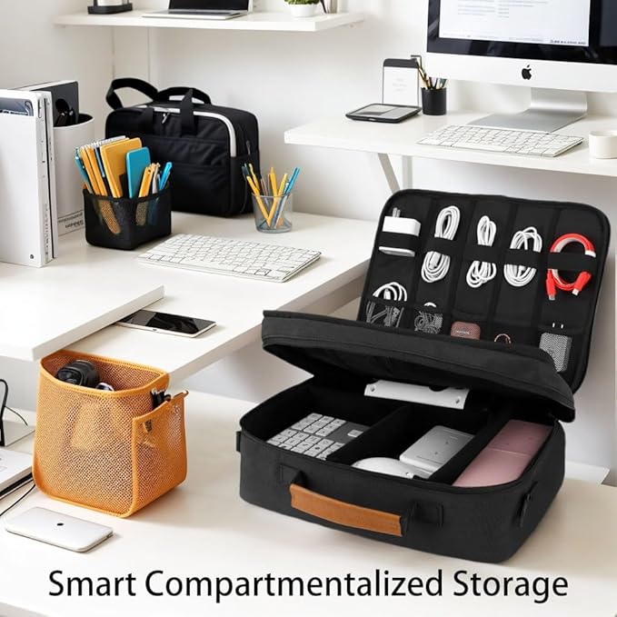Large Electronics Organizer, Cable Organizer Bag with Shoulder Strap, Electronics Accessories Storage Carry Case, Double Layer Cord Bags for Cord &Tablet, Headphone, Charger, Tools, DJ Gifts