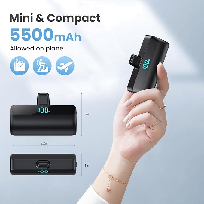 [2-Pack] Mini Portable Charger 5500mAh for iPhone 15/16 Series, LCD Display 15W PD Fast Charging Power Bank USB C Connector Battery Pack Compatible with 16/16 Pro Max/15/15 Pro Max Samsung Android etc