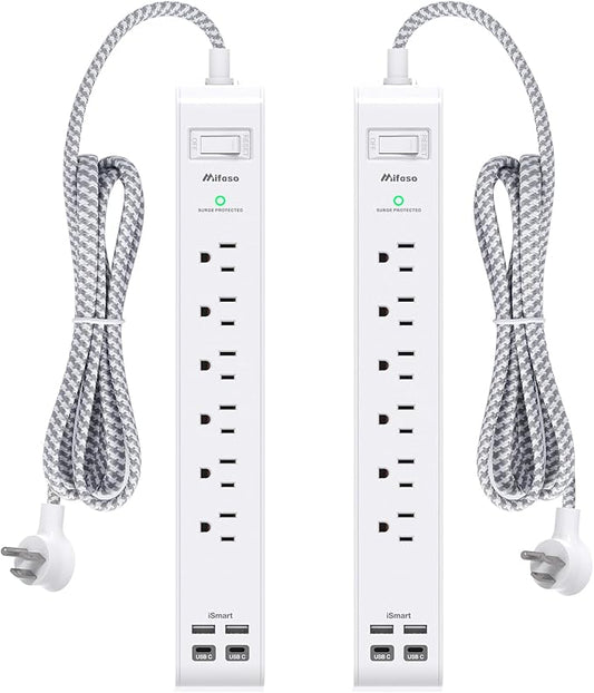 2 Pack Power Strip Surge Protector, 6 Outlets 4 USB Ports (2 USB C) 5Ft Long Extension Cords, Flat Plug Overload Protection Outlet Strip, Wall Mount for Home, Office and Dorm Essential, ETL Listed