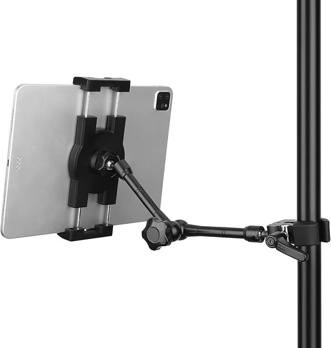iPad Holder for Microphone Stand/Mic Music Stand,Tablet Mount Compatible with 4.7~12.9" / Nexus/LG G Pads/e-Reader/Switch/iPhone,360° Adjustable 10" Long Aluminum Alloy Arm