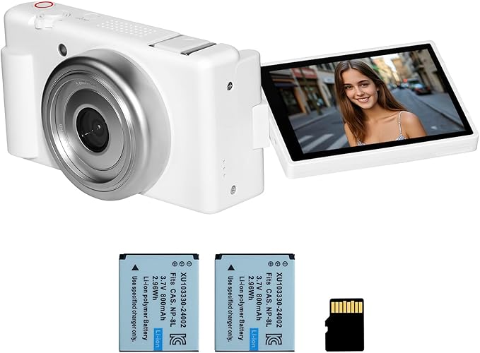 5K 4K Digital Camera with Flip Screen Flash, 80MP 18X Zoom Autofocus Compact Point and Shoot Digital Cameras for Teens, Beginners, Photography, Vlogging, Travel with 2 Batteries (White)