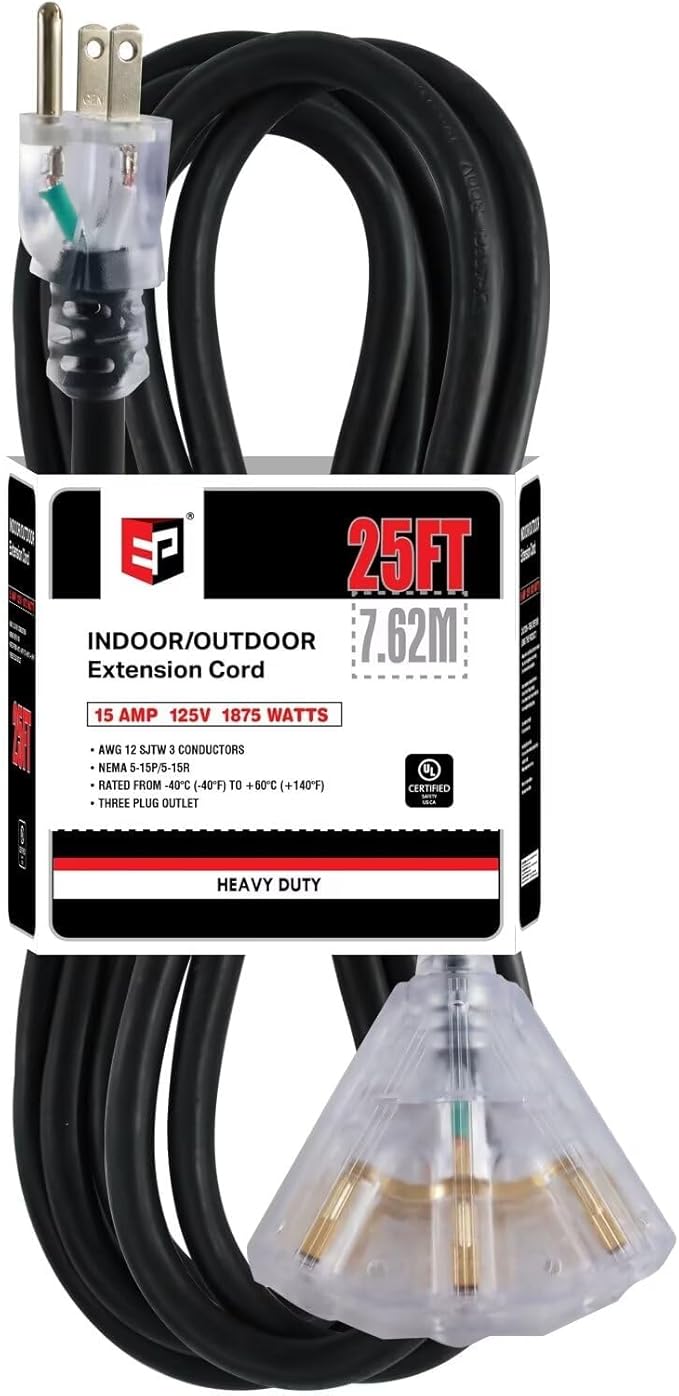 EP 25 Ft 12 Gauge Heavy Duty Extension Cord, 15A 125V 1875W, 3 Outlet Indoor/Outdoor Power Cord with Lighted End, 12/3 SJTW Weatherproof Black, UL Listed