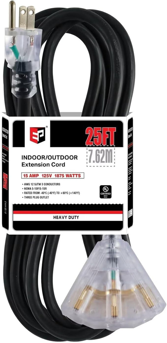 EP 25 Ft 12 Gauge Heavy Duty Extension Cord, 15A 125V 1875W, 3 Outlet Indoor/Outdoor Power Cord with Lighted End, 12/3 SJTW Weatherproof Black, UL Listed