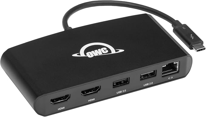 OWC Thunderbolt mini Dock, Bus-Powered 5-Port Multi-Adapter with Dual 4K HDMI, Dual USB, Gigabit Ethernet, Integrated 7.2-inch TB Cable, for TB (USB-C) Equipped Mac and PC