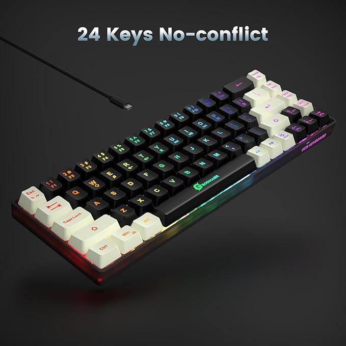 65% Gaming Keyboard, LED Backlit Mini Wired Keyboard, Ultra-Compact Anti-Ghosting No-Conflict 68 Keys Membrane Gaming Wired Keyboard for PC Laptop Windows Gamer(Black-White)