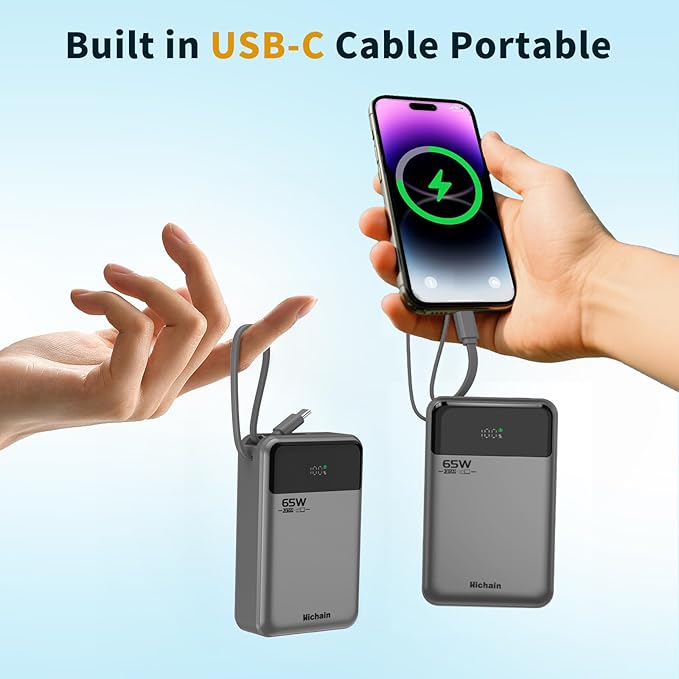 Hichain Laptop Power Bank 65W 20000mAh Portable Charger with Built-in USB-C Cable, 3-Port Fast Charging Battery Pack for MacBook iPhone 17 16/15 Series Android Switch Travel Essential Gray