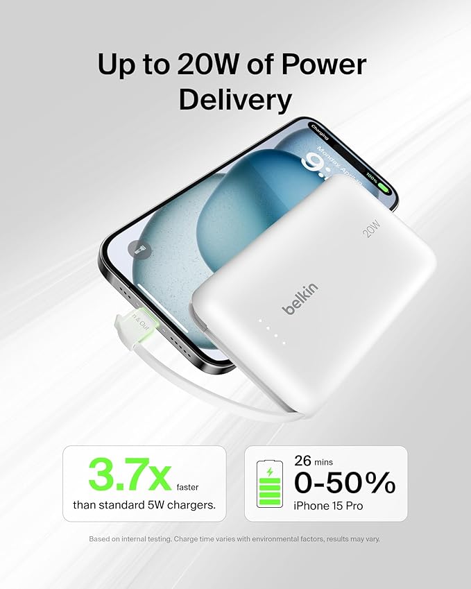 Belkin Portable Charger, Power Bank with Integrated Cable 10000 mAh 20W - Fast Charge USB C Power Delivery, iPhone Charger - iPhone 17, Air, Pro, Pro Max, iPad, Galaxy S25, & More - White