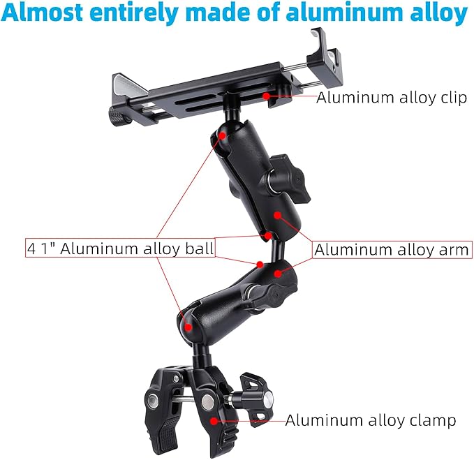 Aluminum Dual Arm Tablet Mount with Super Clamp for Rails 0.5'' to 2'' in Diameter, Side Mount Tablet Holder for Mic Stand, Compatible with iPad Pro 12.9 Air Mini, Galaxy Tab, 4.7-12.9" Tablets