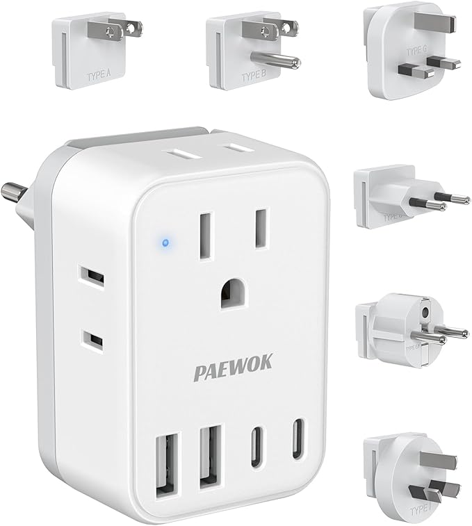 International Power Adapter Set, US to EU/UK/AUS/Japan Universal Travel Adapter- 4 AC Outlets 4 USB Ports (2 USB C), Worldwide Travel Plug Adapter Kit Include Type F/G/I/C/B/A Detachable Charger Plug
