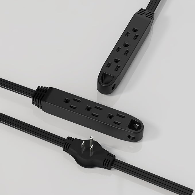 2 Pack 3-Prong 16FT Twin Extension Cord with 6 Outlets - Slim Design for Home Furniture, 16FT Double Cord 8 FT Each Side in Black Color