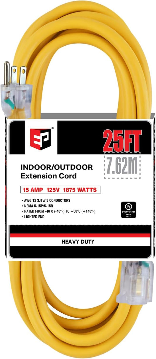 EP 25 ft Lighted Outdoor Extension Cord - 12/3 SJTW Heavy Duty Yellow Extension Cable with 3 Prong Grounded Plug - 15AMP Power Cord for Lawn, Garden, Appliances