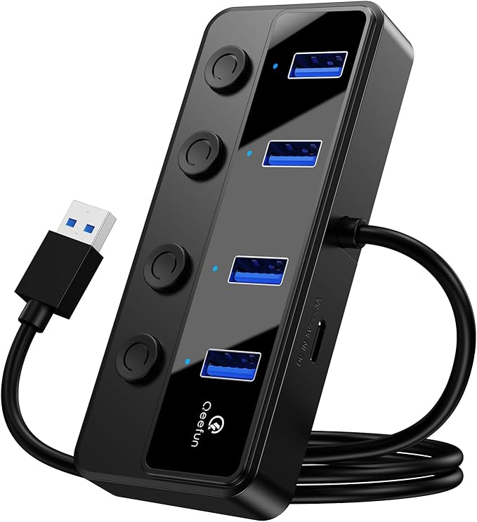 Qeefun 4-Port USB 3.0 Hub, Individual LED Power Switches, 5Gbps Data Transfer USB Splitter with 2ft Extension Cable, Multiple USB Extender for Laptop, PC, iMac, USB Flash Drives and More
