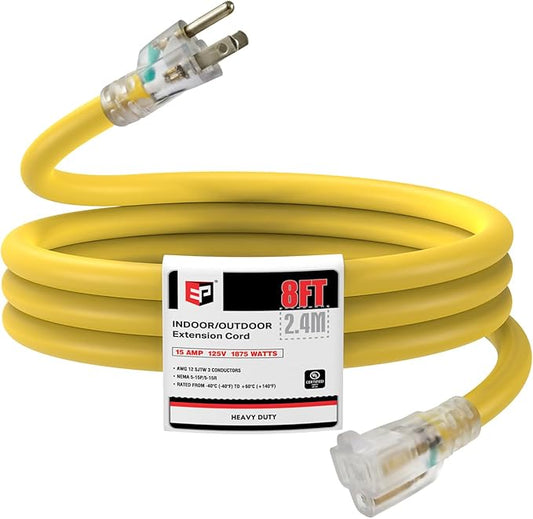 EP 8 Ft Lighted Extension Cord - 12/3 SJTW Heavy Duty Yellow Extension Cable with 3 Prong Grounded Plug - Power Cord for Lawn, Garden, Appliances